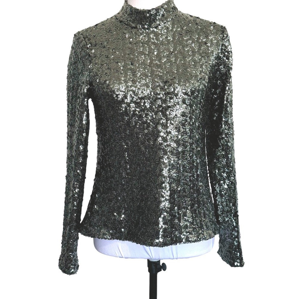 Alexis Sequin Top Size L Mock Neck Long Sleeve Blouse Gunmetal Silver Glam Disco